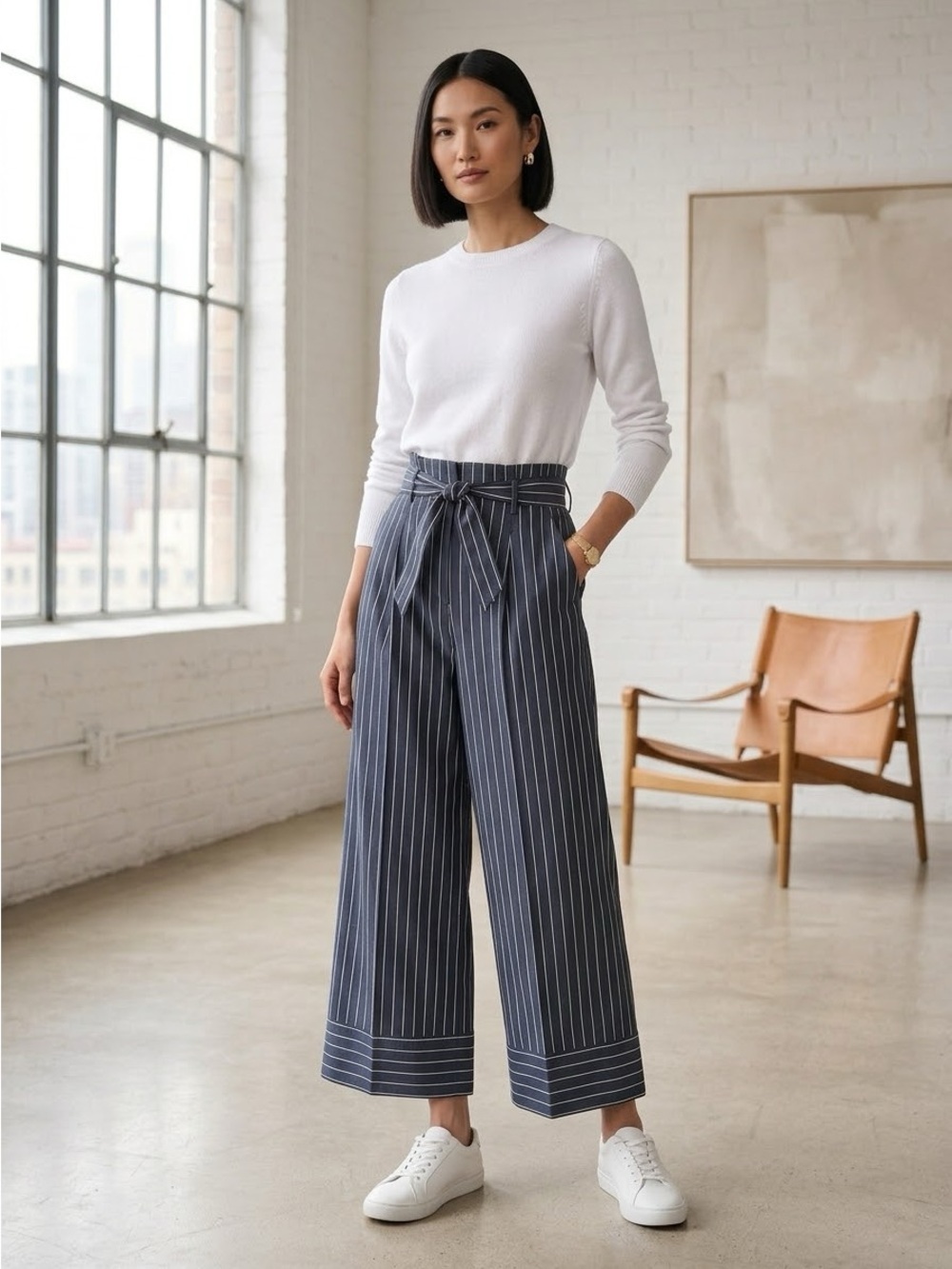 Massimo Dutti Navy Blue Pinstripe Wide Leg Tie Waist Culottes - US 8